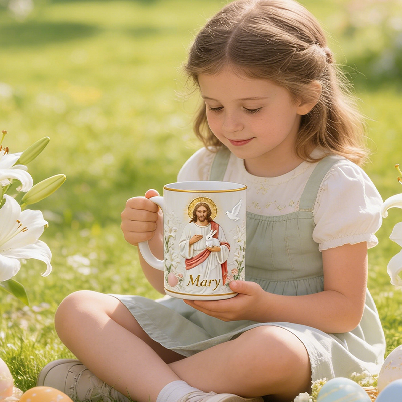 Personalized Jesus and Bunny Christian Easter Mug with Lily Floral Design Custom Name Gift for Religious Gift