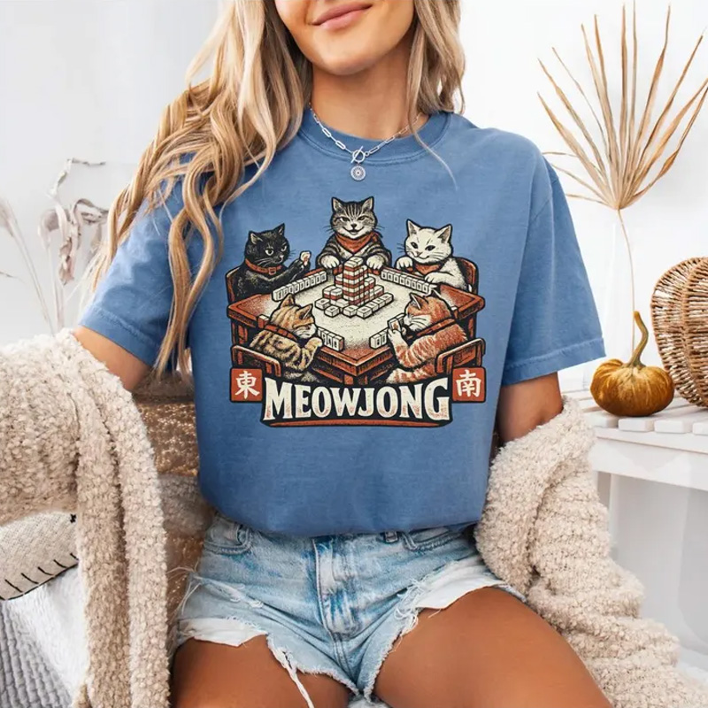 Comfort Colors Meowjong Tee Funny Mahjong Club Shirt Retro Cats Illustration Unique Mahjong Player Gift for Him Her