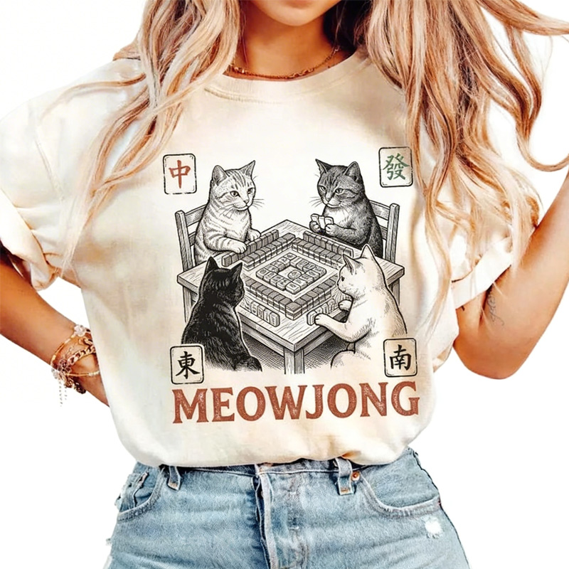 Meowjong Cat Mahjong Shirt Funny Cat Lover Tee Mahjong Cat Graphic Comfort Colors Vintage Style Cat Game Gift for Cat Lovers