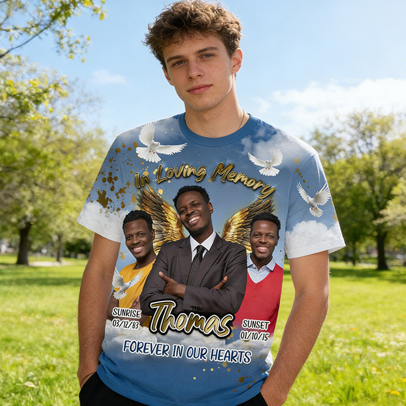 Personalized In Loving Memory All Over Print T-Shirt Custom Photo and Dates Memorial Gift for Family