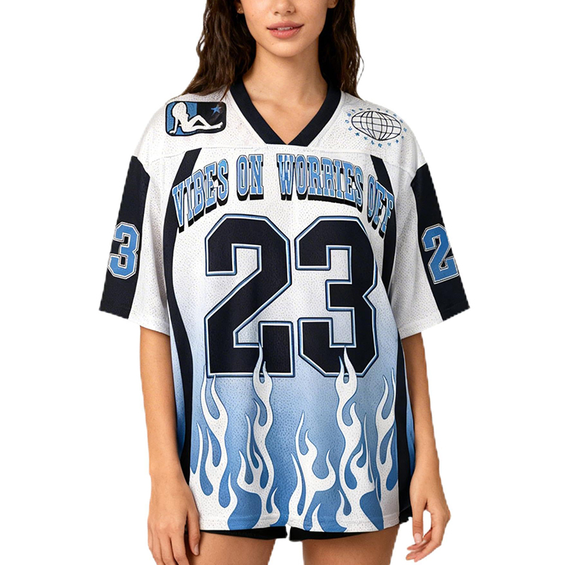 Personalized Vibes On Worries Off Mesh Football Jersey Custom Number Flame Design Streetwear Tee