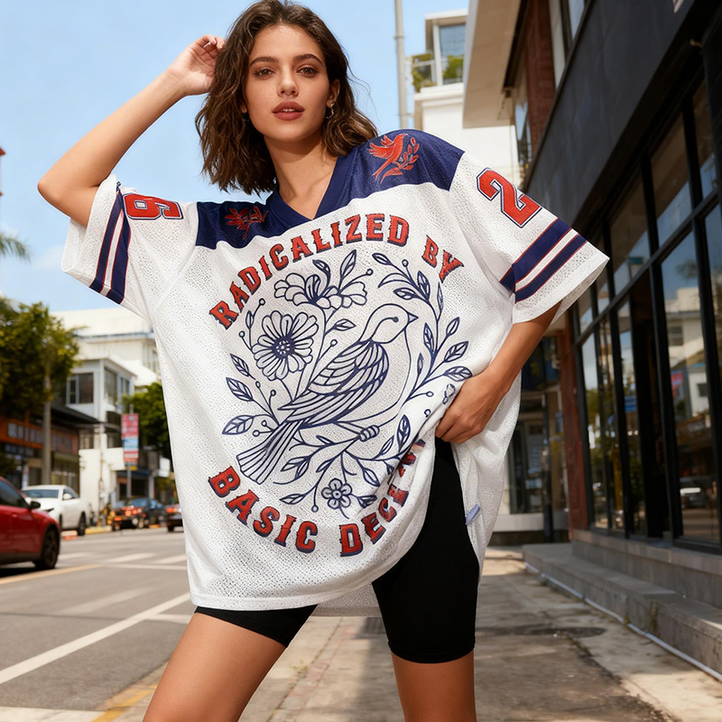 Personalized Radicalized By Basic Decency Mesh Football Jersey Custom Number Bird and Floral Social Justice Tee