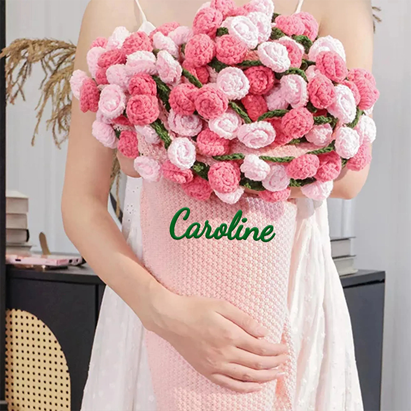 Personalized Pink Crochet Rose Bouquet Blanket Flower Blanket Custom Name Floral Knit Wrap for Her Mother's Day Gift