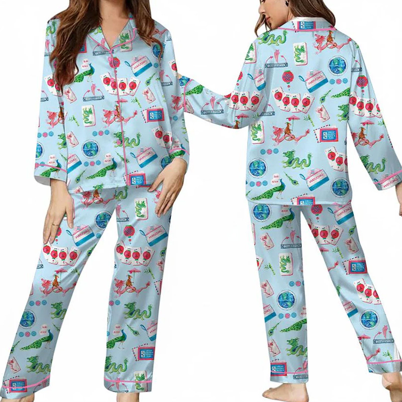 Chinoiserie Mahjong Satin Pajama Set Fun Long Sleeve Sleepwear Loungewear Gift for Game Night Lovers and Players