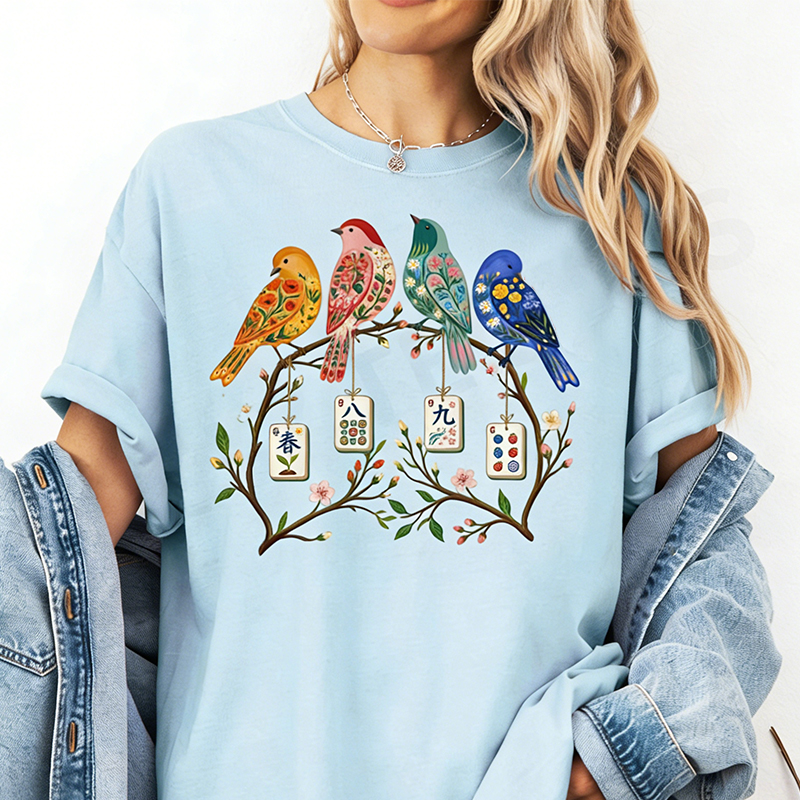 Mahjong Bird on Tile Branch T-Shirt Spring Mahjong Shirt Girls Night Game Mahjong Love Spring Mahjong Bird Shirt Mother's Day Gift for Mahjong Lover Mama