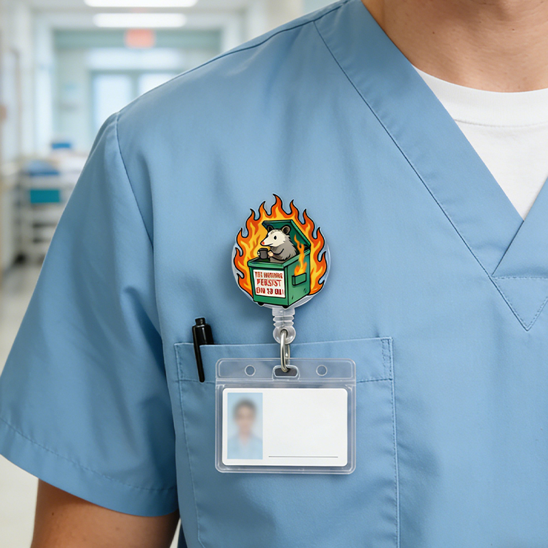 Personalized Possum Badge Reel Funny Dumpster Fire Nurse ID Holder Retractable Clip for Office and Hospital Staff