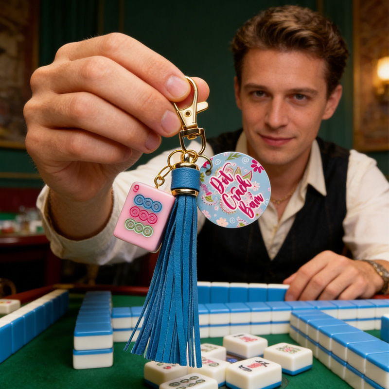 Mahjong Tile Keychain with Tassel Dot Crack Bam Purse Charm Bag Tag Mahjong Gift Prize Handcrafted Mahjong Accessory Gold Hardware