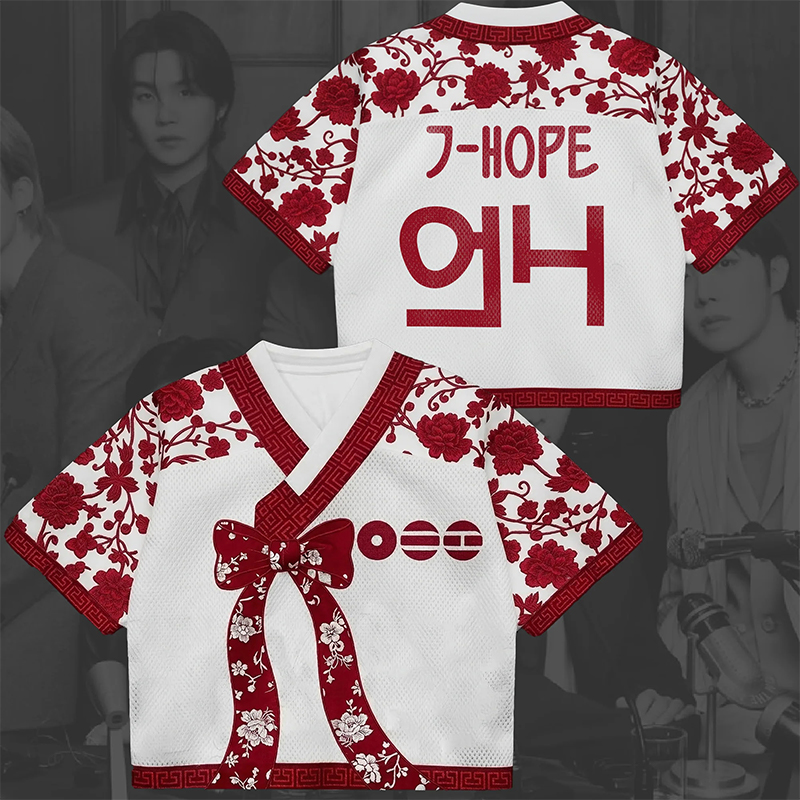 Personalized K-Pop Fan Jersey Red Floral Hanbok Style Mesh Crop Jersey Concert Jersey for Fans