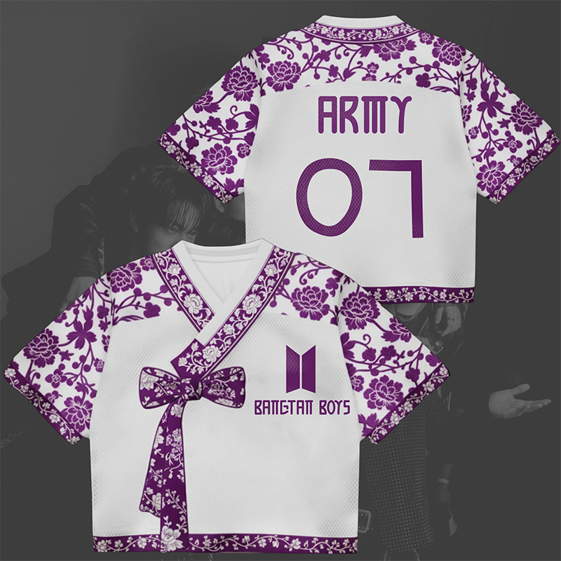 Personalized Bangtan Boys Hanbok Crop Jersey BTS K-Pop Flowery Purple Arirang World Tour Hanbok Style Mixed Mesh Jersey Gift For Army