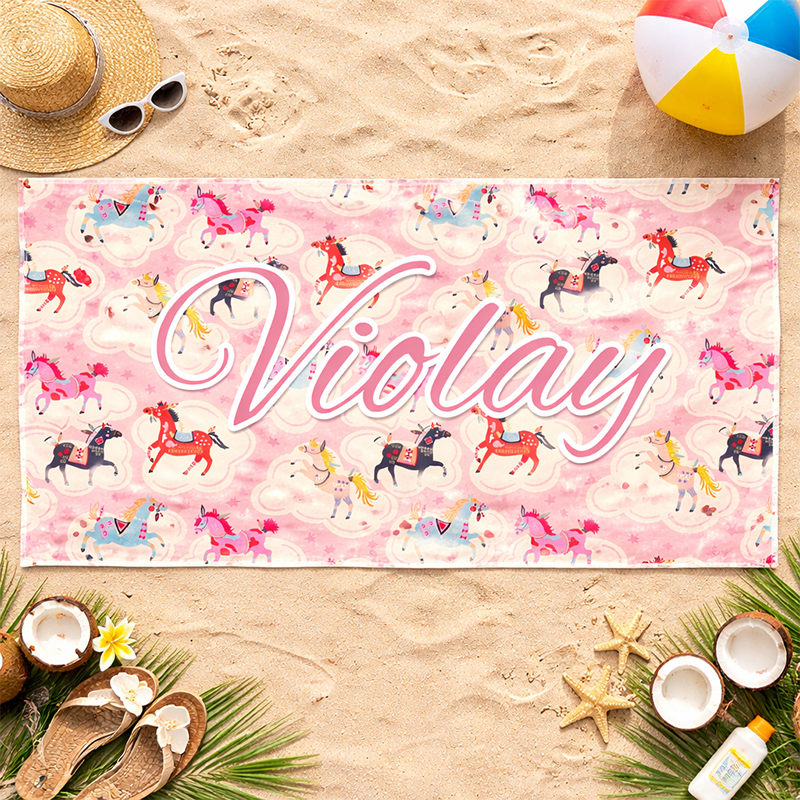 Personalized Whimsical Carousel Beach Towel Custom Text Vintage Horse Beach Towel Summer Gifts for Beach Lovers