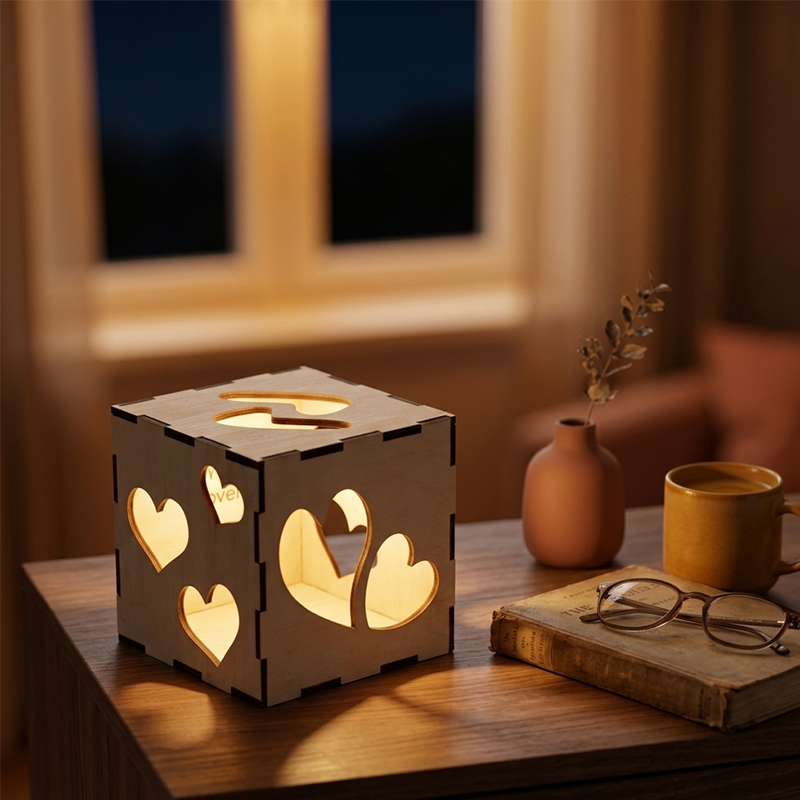 Personalized Mothers Day Gift Heart Cutout Wooden Night Light Custom Text Projection Lamp for Mom