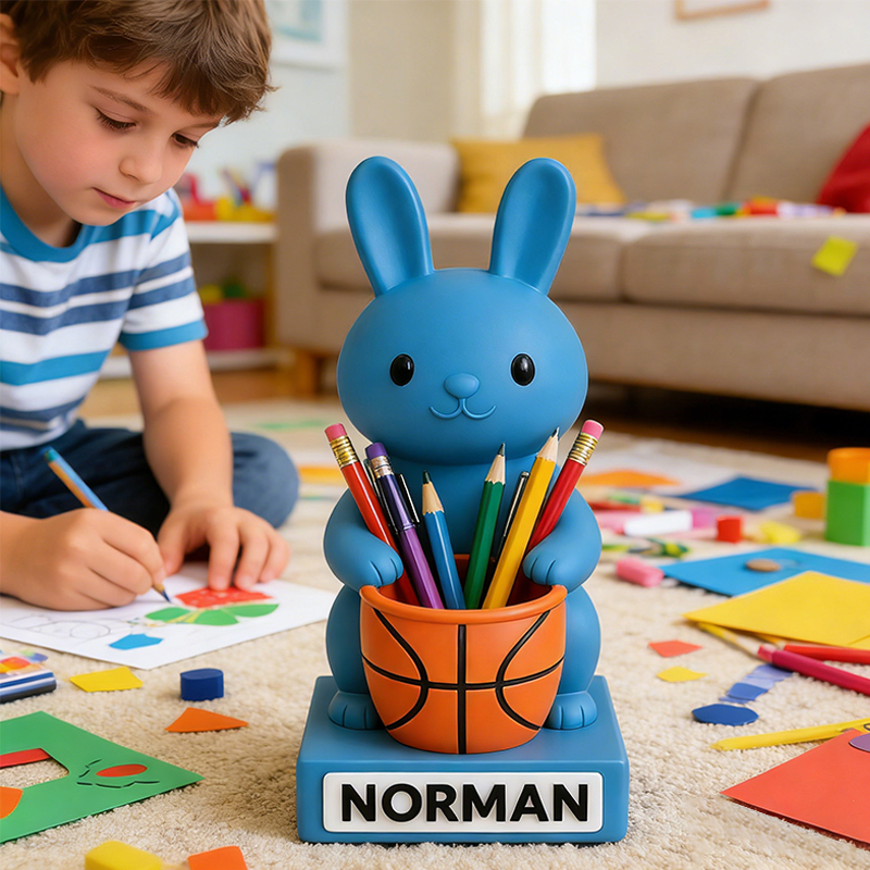 Personalized Basketball Bunny 3D Printed Pen Holder with Custom Name for Kids and Students