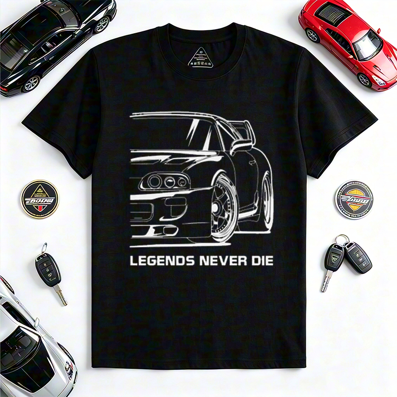 Legends Never Die Classic JDM Sports Car Crew Neck Short Sleeve T-Shirt for Retro Import Car Fans & Automotive Gearheads
