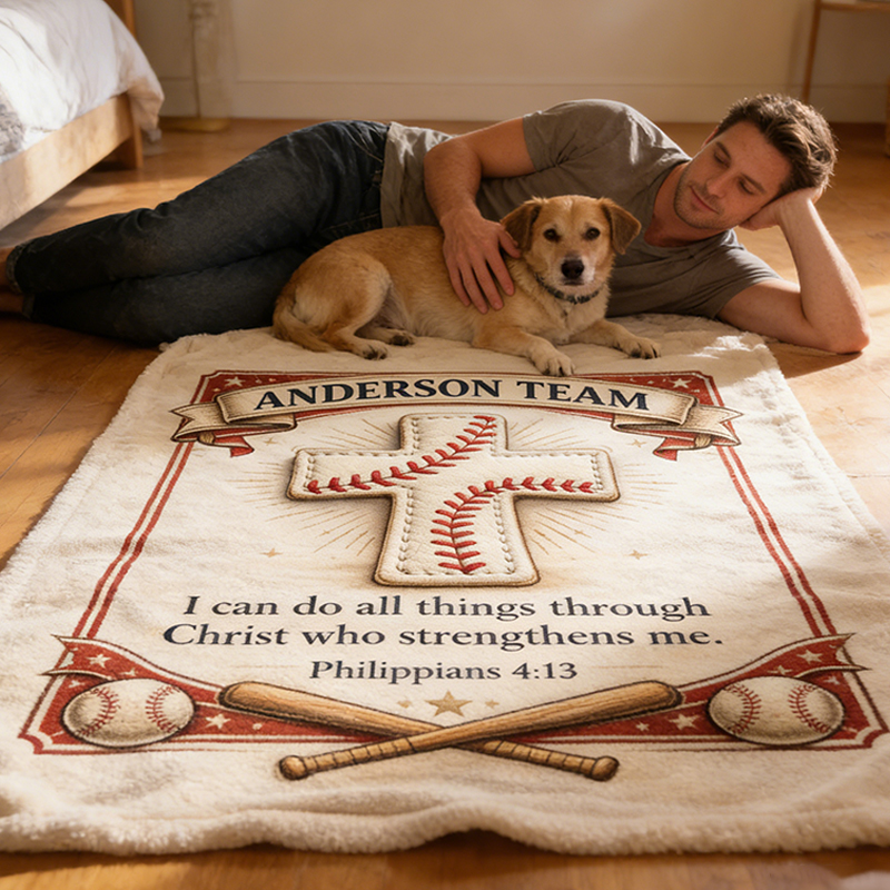 Personalized Baseball Blanket with Family Name and Inspirational Verse for Sports Enthusiasts and Believers Alike