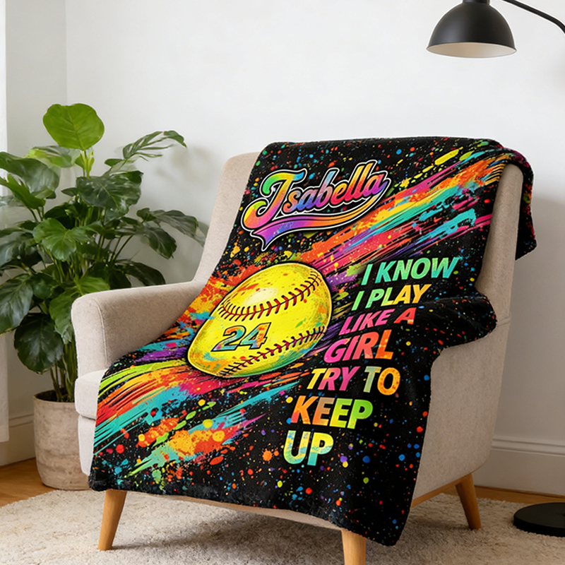 Personalized Softball Blanket with Custom Name and Jersey Number for Girls Who Love the Game