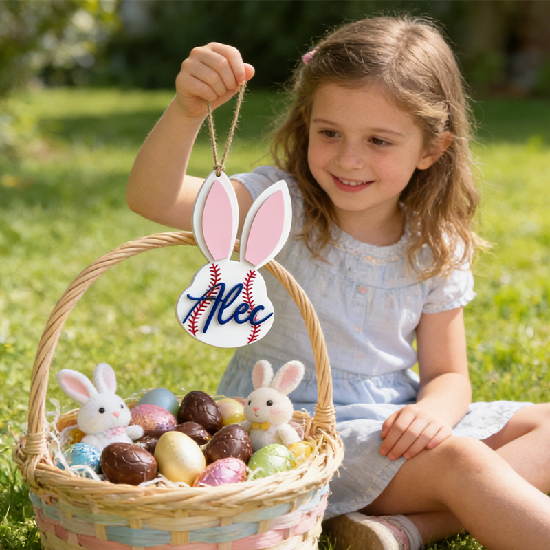 Personalized Baseball Easter Basket Tag Custom Name Bunny Label Gift for Kids on Easter Day