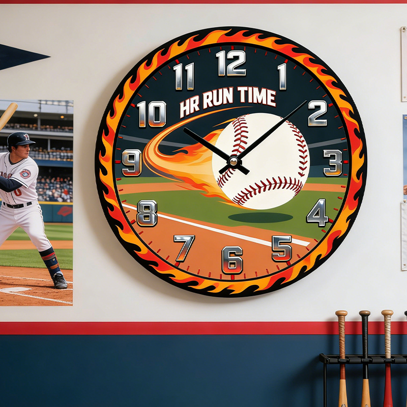 Personalized Home Run Time Clock with Fiery Baseball Design for Baseball Enthusiasts