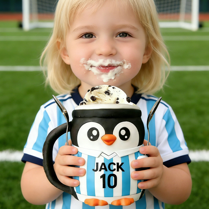 Personalized Soccer World Cup Penguin Ice Cream Pint Holder 3D Printed with Spoon Slots & Snack Drawer with Custom Details for Soccer Fans