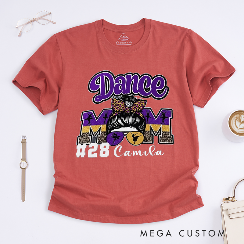 Personalized Dance Mom T-Shirt Custom Dance Team Name Number Gift for Women Cute Leopard Print Hair Bow Dance Mama for Dance Mom Support