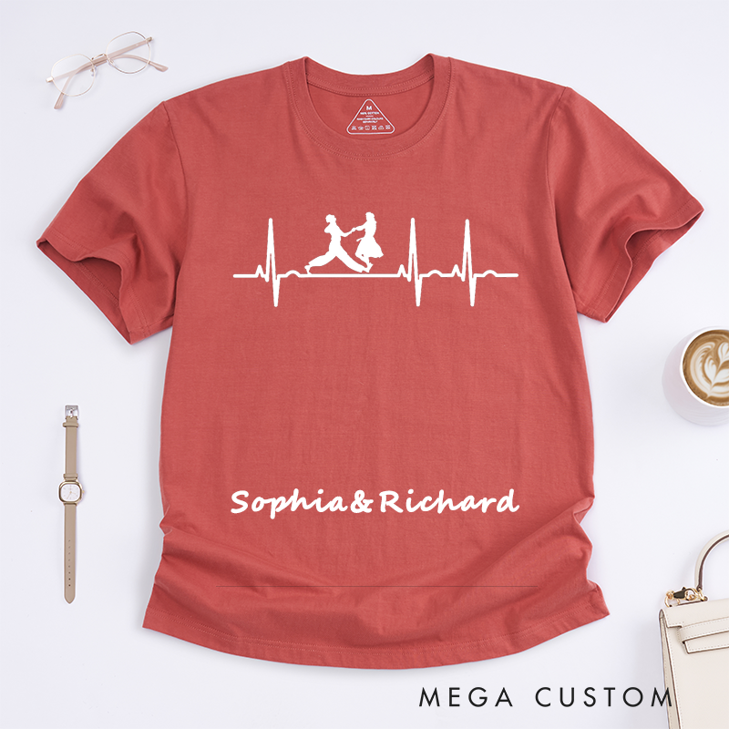 Personalized Dancing Heartbeat T-Shirts Custom Name Gift for Dance Lovers Unique Dance Partner for Him or Her Present Unisex Apparel