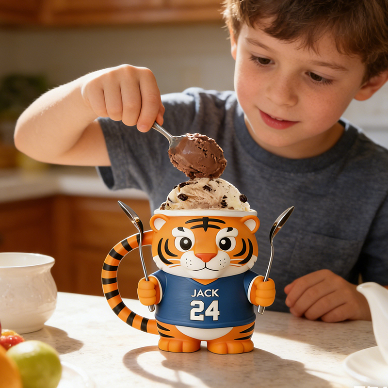 Personalized Tiger Baseball Mascot Ice Cream Pint Holder 3D Printed with Spoon Slots & Snack Drawer Custom Detail for Kids and Baseball Enthusiasts