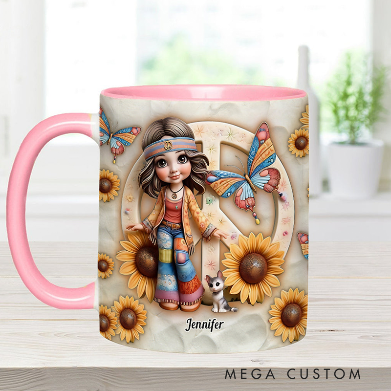 Personalized Hippie Accent Mug Custom Name Hippie Girl Hippie Soul Peace Love Mug for Music Lover Gift
