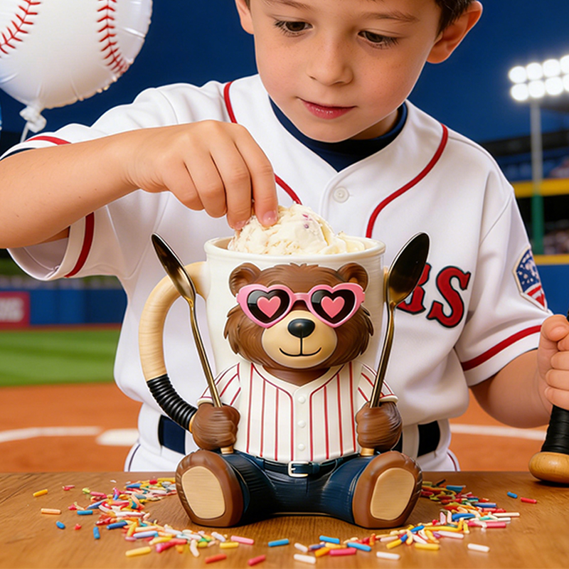 Personalized Baseball Mascot Bear Ice Cream Pint Holder with Adorable Heart Sunglasses 3D Printed with Spoon Slots & Snack Drawer for Baseball and Ice Cream Enthusiasts