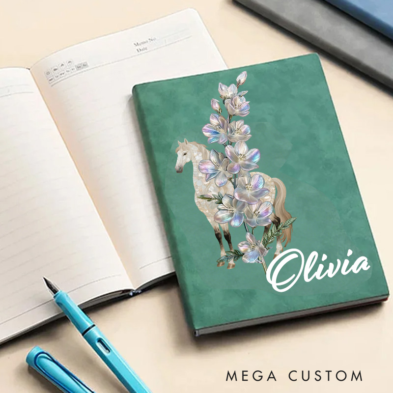 Personalized Horse Riding Birth Flower Initial A5 A6 PU Leather Notebook with Name Birthday Gift for Horse Lovers Riding Lovers Equestrian Lovers