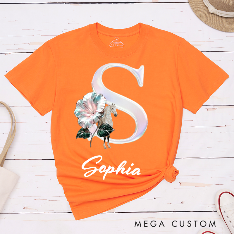 Personalized Horse Riding Birth Flower Initial Name Classic T-shirt for Women for Girls for Horse Lovers Riding Lovers Equestrian Lovers