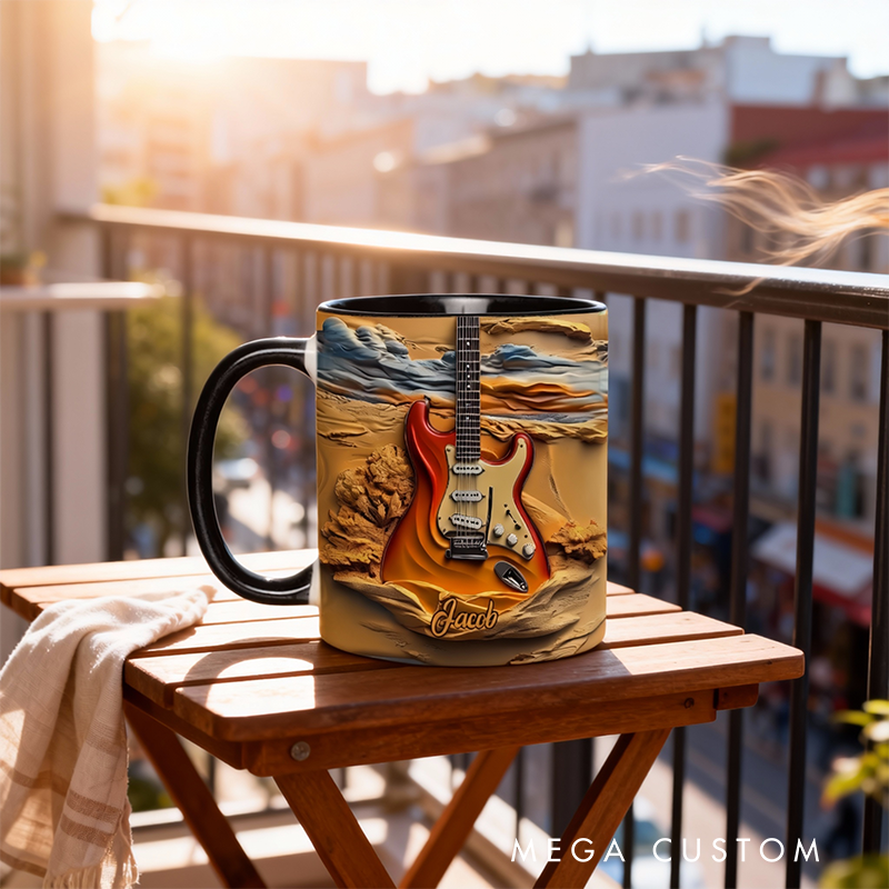 Personalized Name Stereoscopic Vintage Guitar Accent Mug Custom Guitar Themed Mug for Music Lovers