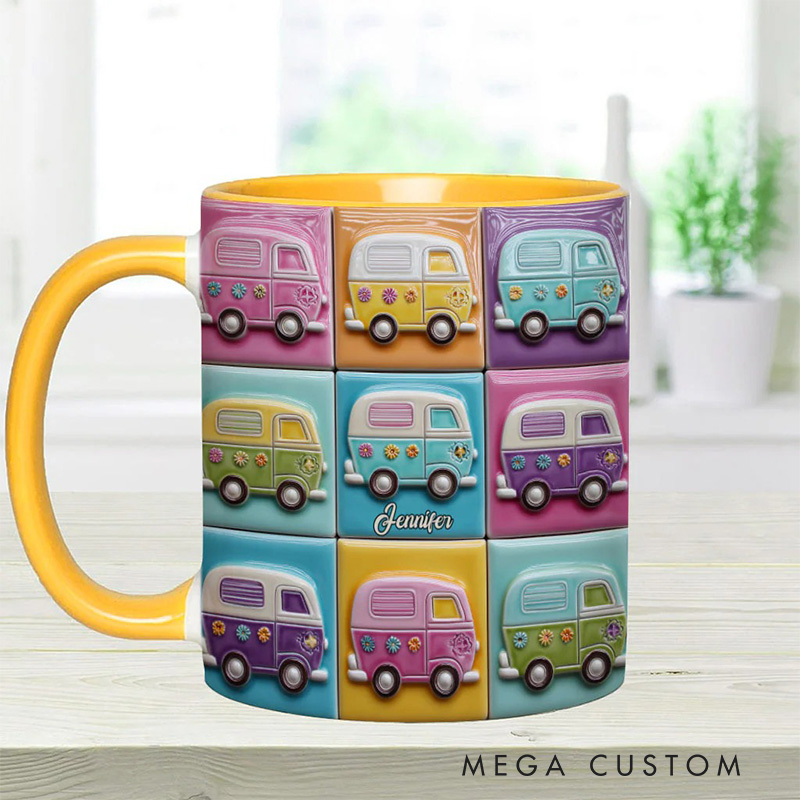 Personalized 2D Flat Hippie Caravans Mug Custom Name Colorful Hippie Car Hippie Coffee Mug Bohemian Coffee Mug