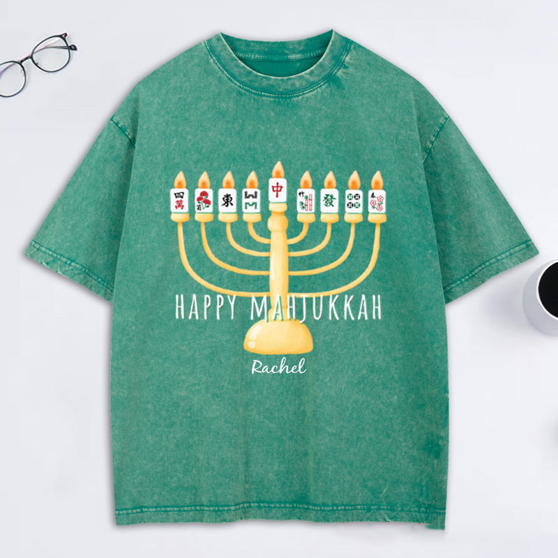 Personalized Hanukkah Mahjong Washed T-Shirt with Name Mahjong Lovers Holiday Shirt Mahj Funny Tee Jewish Holiday Gift Religious Funny Gift