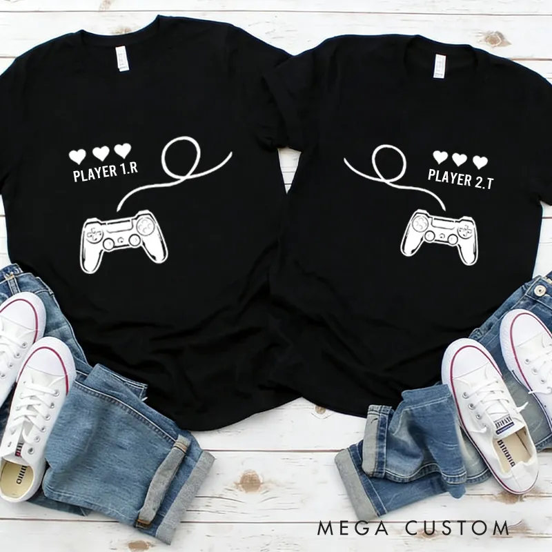 Personalized Player 1 & Player 2 Love Connection Couple Shirts, Matching Couple Newlywed Gift Valentines Day Shirt Gift for Couple