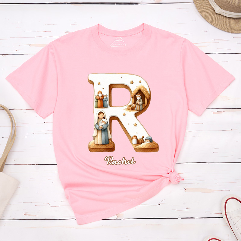 Personalized Nativity Scene Classic T-Shirt with Initial and Name Christian Shirt Religious Gift Faith Gift for Christians