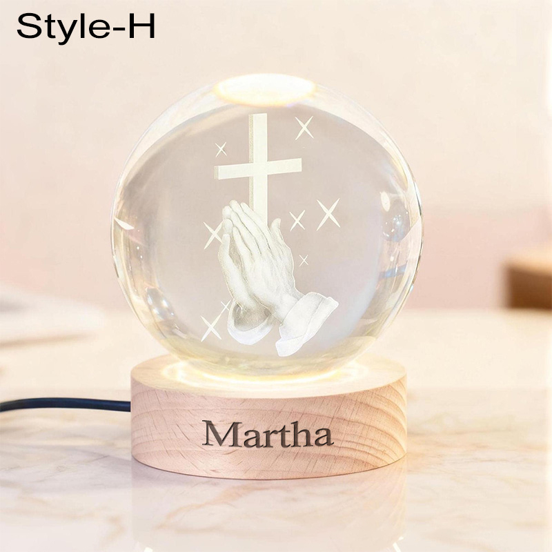 Personalized Cross 3D Engraved Crystal Ball Night Light With Custom Text in Wooden Base Home Decor Jesus Night Lamp Religious Gift Christmas Gift