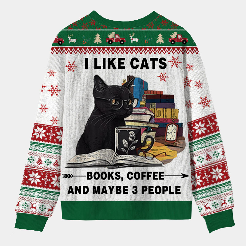 Personalized Reading Cat Relax Vibes Ugly Sweater Festive Gift for Bookworms