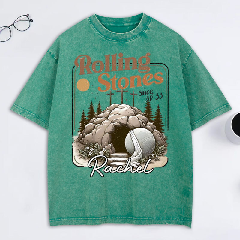 Personalized Rolling Stones Washed T-Shirt with Custom Name Christian Shirt Religious Christian Gift Easter Gift for Christians