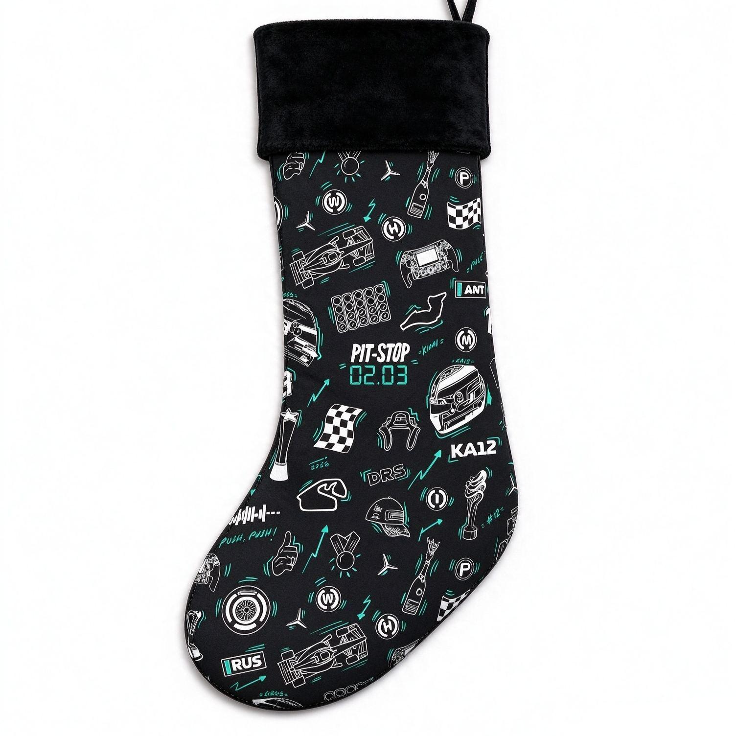 Personalized F1 Racing Christmas Stocking, Custom Name Race Car Xmas Stocking, Formula 1 Themed Holiday Sock