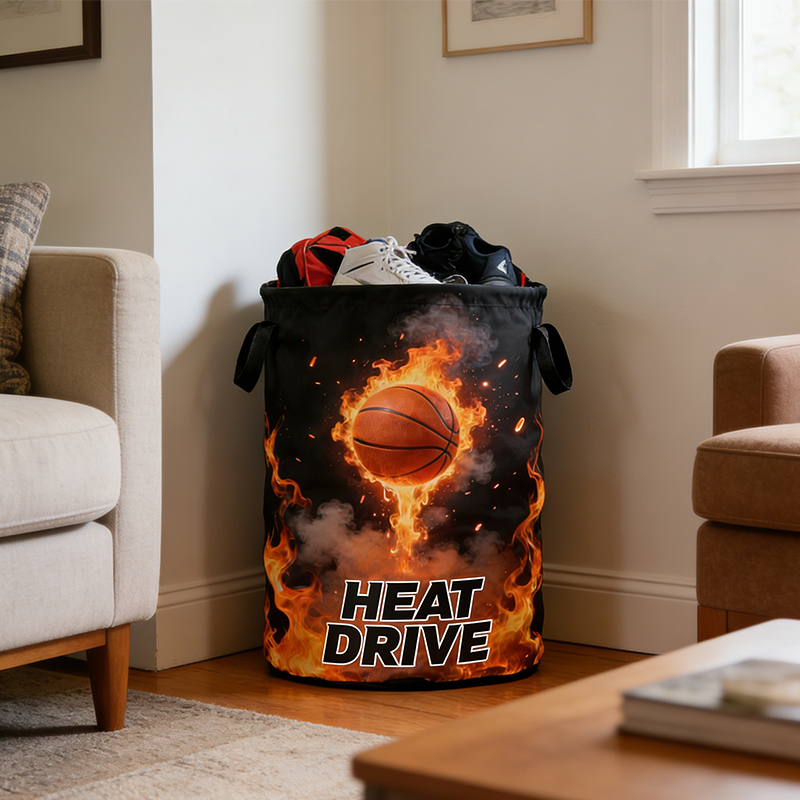 Personalized Flaming Basketball Storage Basket with Custom Text for Basketball Fans