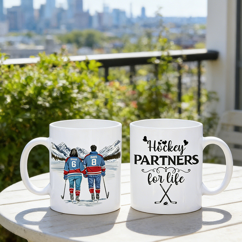 Personalized Couple’s Hockey Mug with Custom Names and Numbers for Hockey-Loving Couples