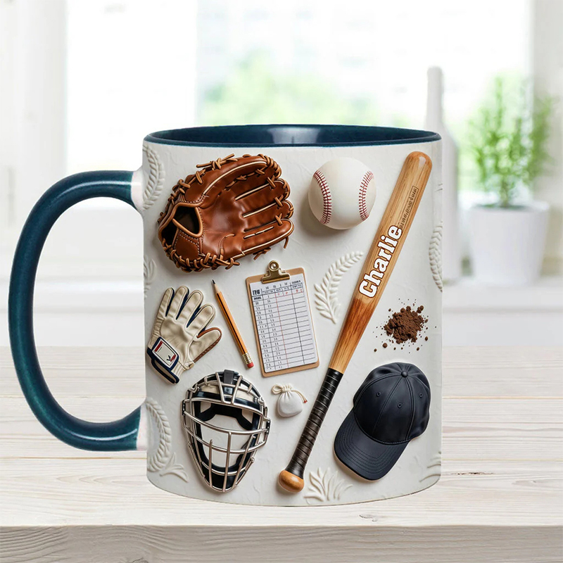 Personalized Baseball Mug with Custom Name and Sports Gear Artwork for Coaches and Baseball Fans