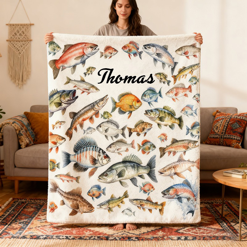 Personalized Fishing Blanket Colorful Fish Design Custom Name Soft and Cozy Throw Perfect Gift for Anglers and Fishermen