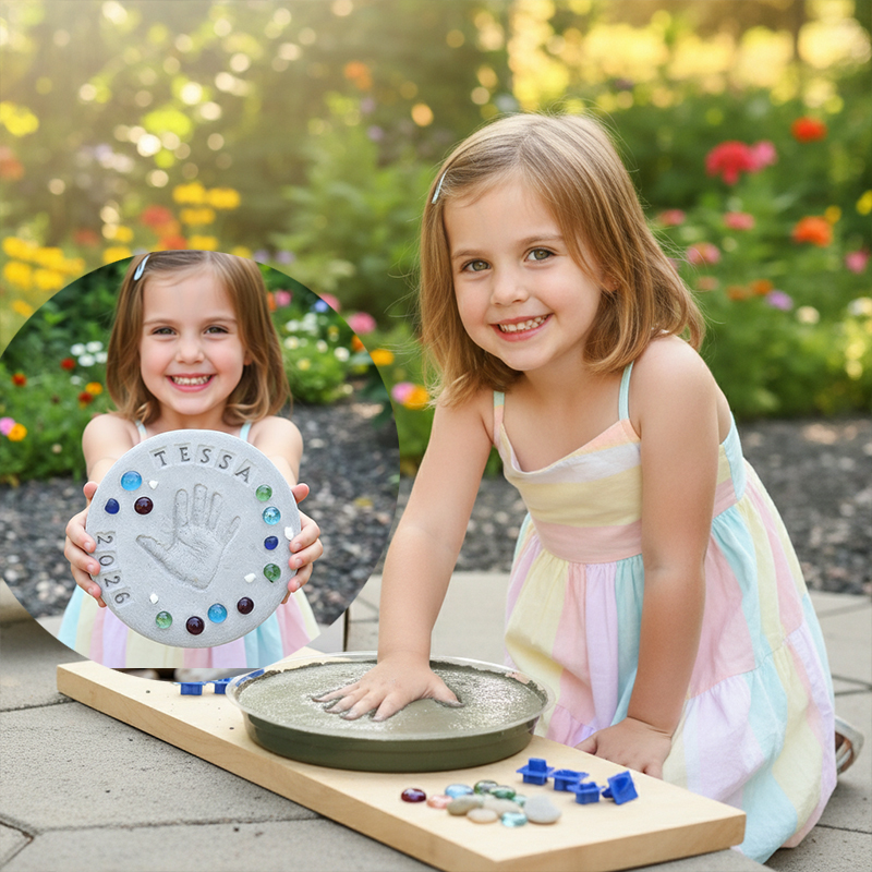 Personalized DIY Stepping Stone Kit Custom Handprint  Footprint Keepsake with Gems and Easy Mixing Cement
