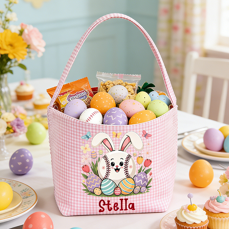 Personalized Easter Baseball Bunny & Egg Basket - Custom Name Tote for Girls and Boys