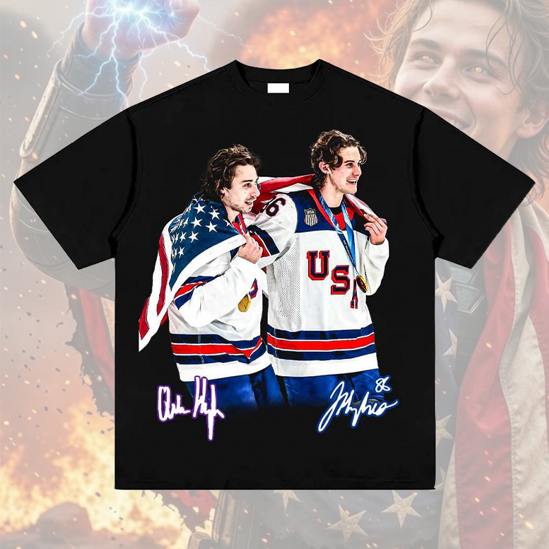 Personalized USA Hockey Gold Medal Duo Celebration T-Shirt for USA Hockey Enthusiasts