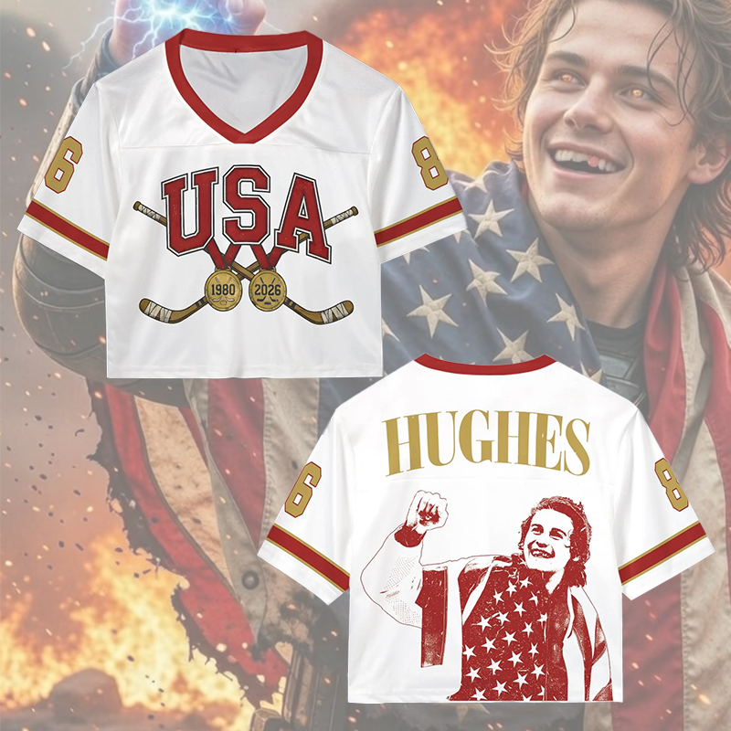 Personalized Hughes USA Hockey Crop Top Jersey Patriotic American Pride Shirt for Hockey History Fans