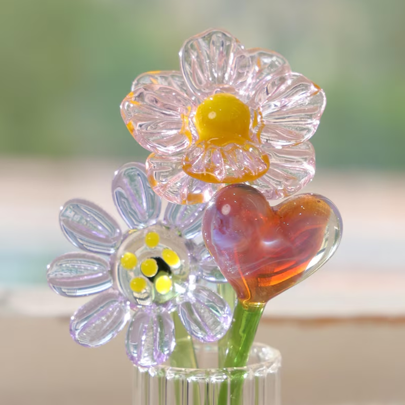 Hand Blown Glass Flower Bouquet with Birth Month Heart & Birthstone – Topper Mother's Day Gift for Her