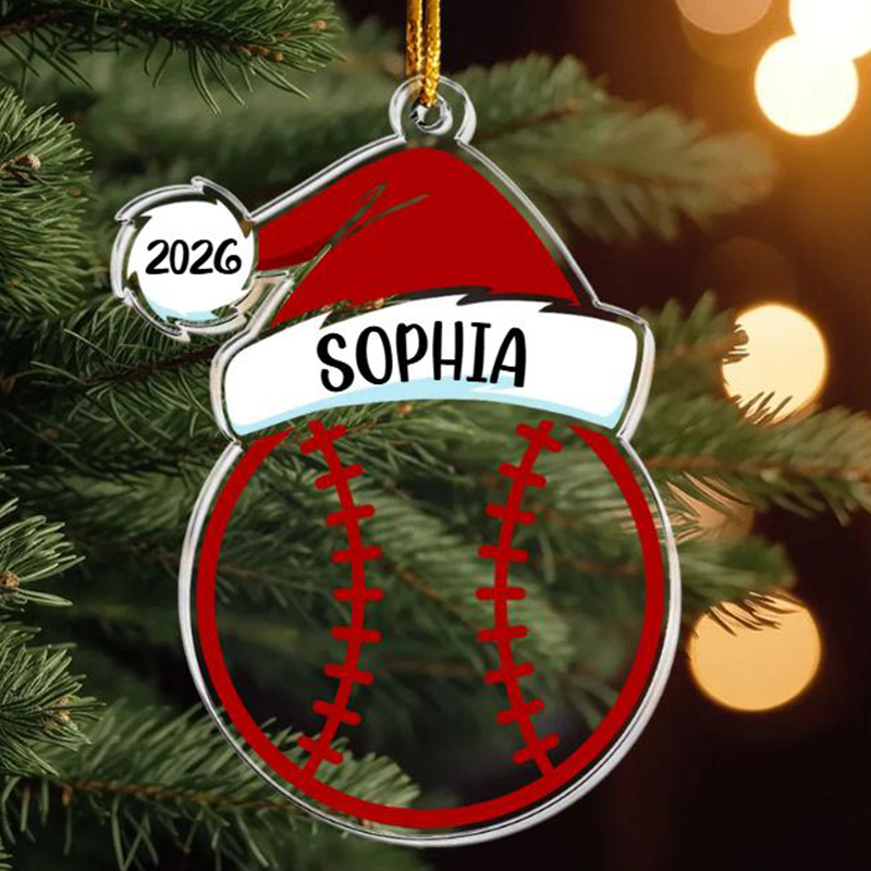 Personalized Sports Themed Ornament with Santa Hat Design and Custom Name and Year  