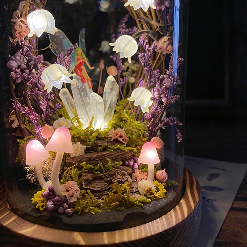 Personalized Enchanted Fairy Crystal Terrarium Lamp Lily of the Valley Night Light, Cute Mushroom Lamp Therapeutic Decor for Stress Relief & Mindfulness