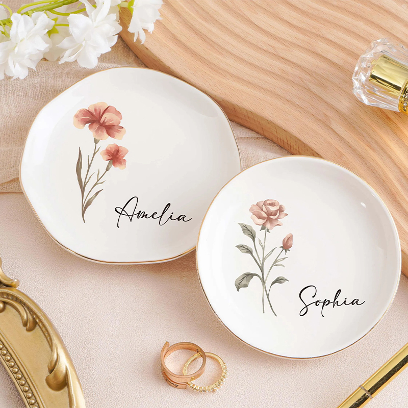 Personalized Birth Month Flower Jewelry Dish Bridesmaid Gifts Birthday Ring Dish Bridesmaid Proposal Birthday Gift for Her Mother’s Day